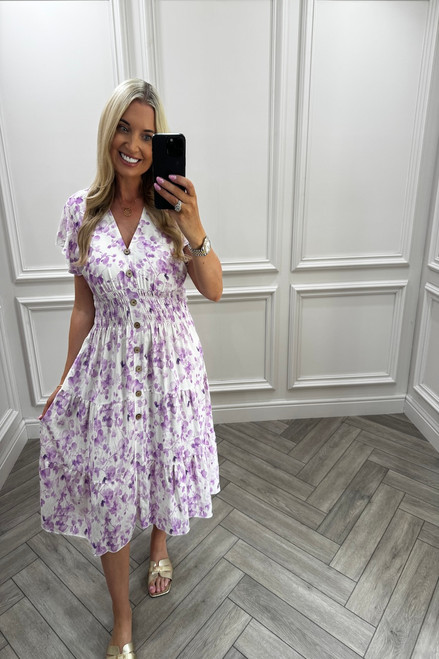 Marlowe Purple Shirred Midi Dress