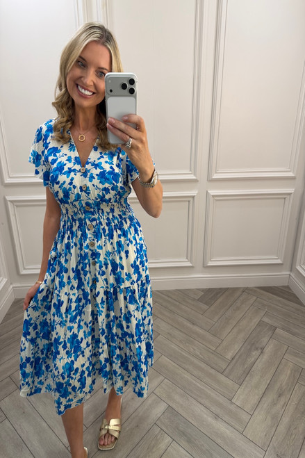 Marlowe Blue Shirred Midi Dress