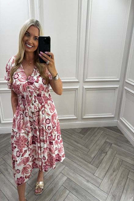 Rhea Pink Shirred Midi Dress