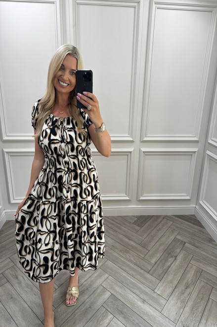 Adeline Black Shirred Midi Dress