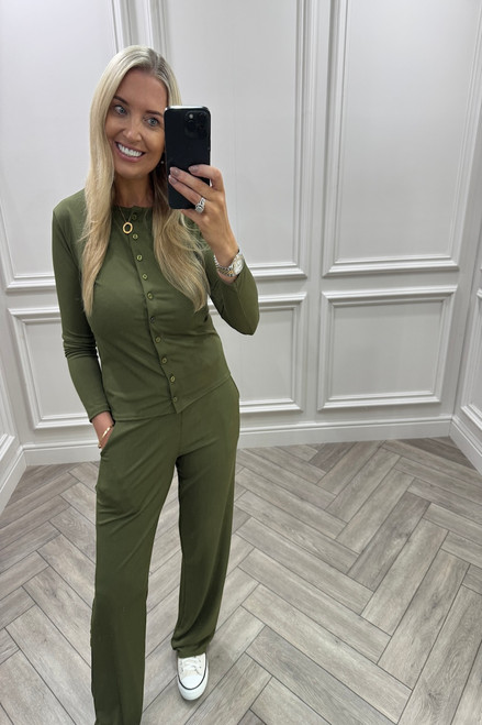 Khaki Lorenza Ribbed Button Up Lounge Set