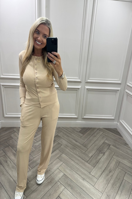 Beige Lorenza Ribbed Button Up Lounge Set