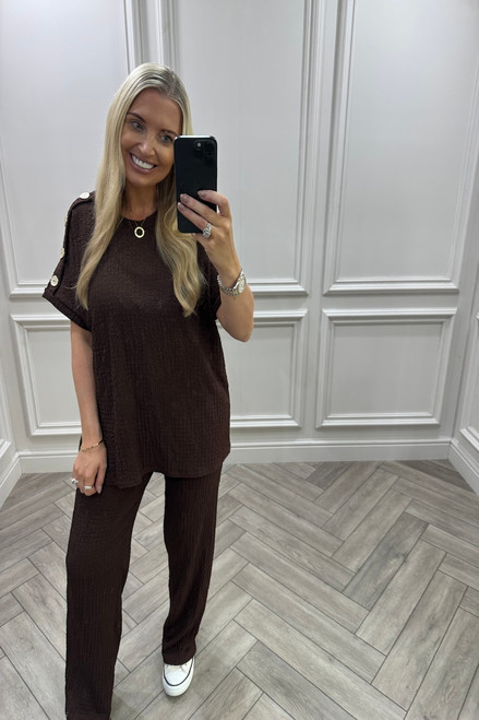 Brown Autumn Gold Button Trouser Set