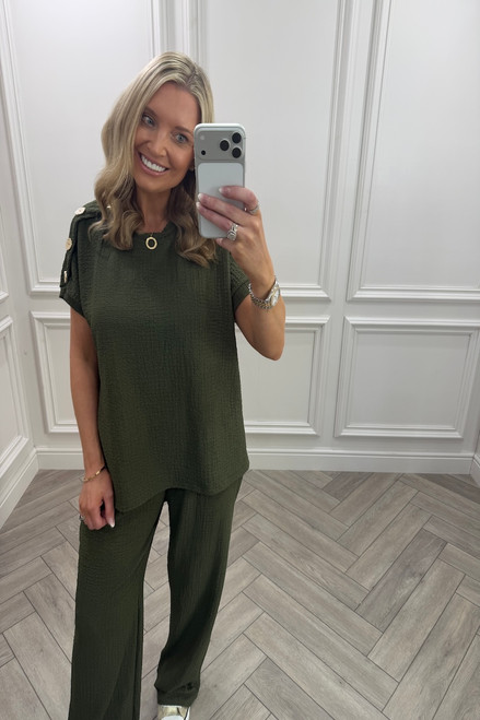 Khaki Autumn Gold Button Trouser Set