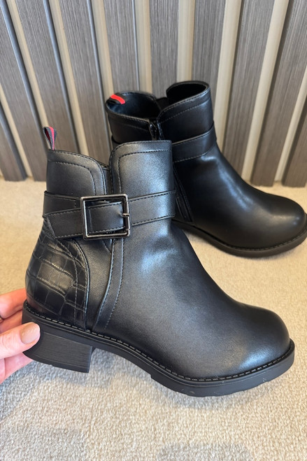 Black Nevaeh Buckle Ankle Boots With Croc Detail 