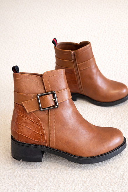 Tan Nevaeh Buckle Ankle Boots With Croc Detail 