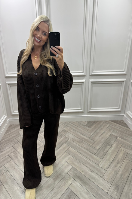 Brown Danika Button Knitted Lounge Set