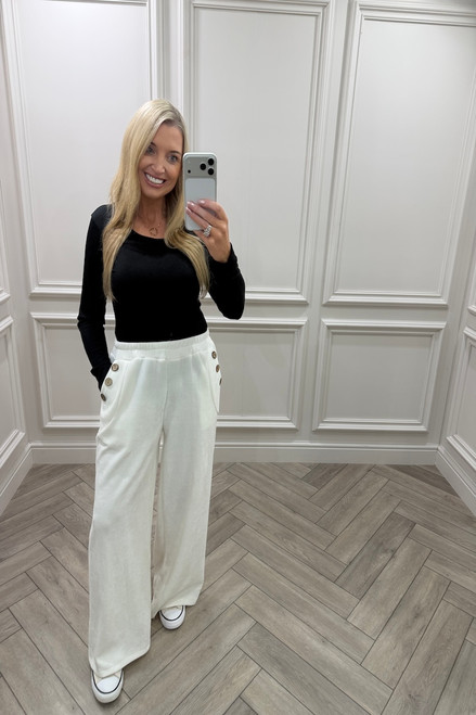 Noelle White Corduroy Button Trousers 
