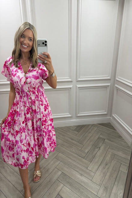 Pink Sofia Floral Shirred Midi Dress