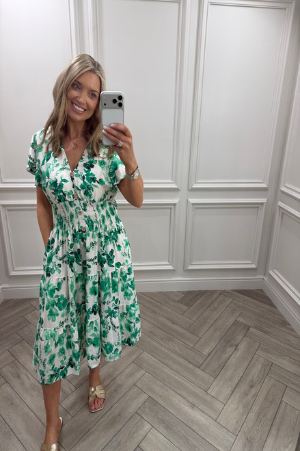 Green Sofia Floral Shirred Midi Dress
