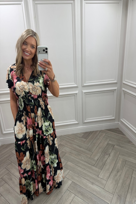 Hazel Black Floral Shirred Maxi Dress