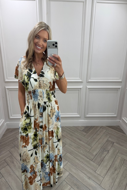 Hazel Beige, Tan & Blue Floral Shirred Maxi Dress