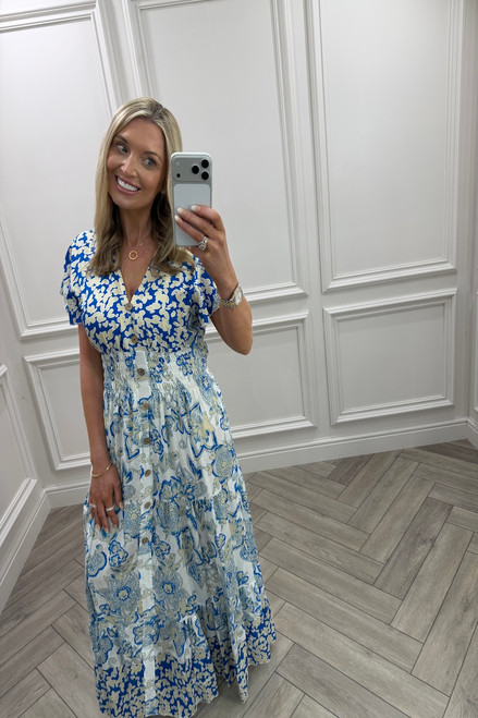 Luna Royal Blue Floral Shirred Midi Dress