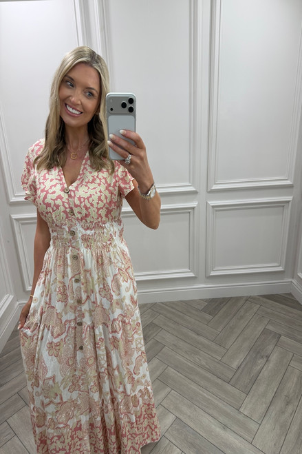 Luna Dusky Pink Floral Shirred Midi Dress