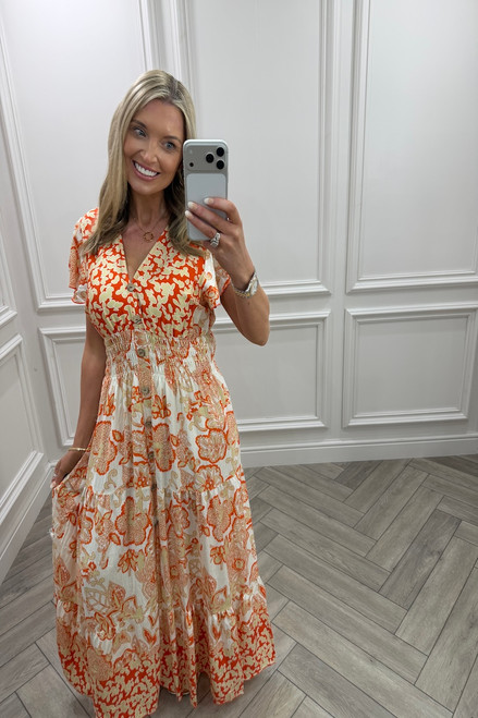 Luna Orange Floral Shirred Midi Dress