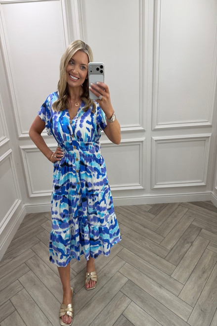 Aurora Royal Shirred Midi Dress