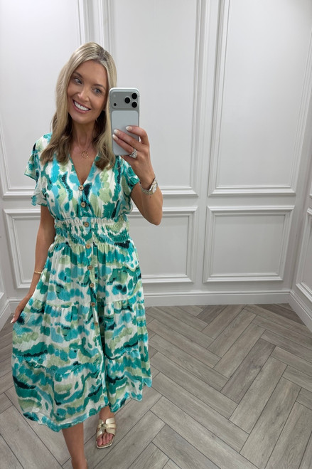 Aurora Turquoise Shirred Midi Dress