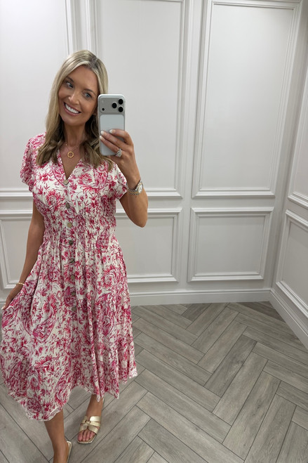 Pink Eliana Shirred Midi Dress