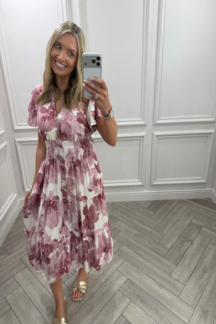 Pink Layla Floral Shirred Midi Dress