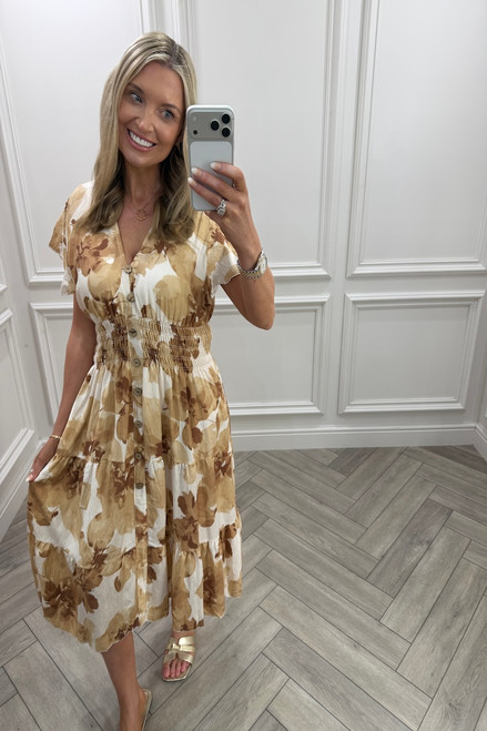 Beige Layla Floral Shirred Midi Dress