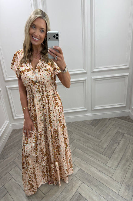 Beige & Tan Ayla Shirred Maxi Dress