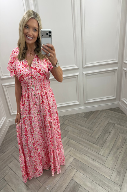 Magenta & Pink Ayla Shirred Maxi Dress