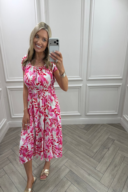 Pink Lucia Floral Shirred Midi Dress