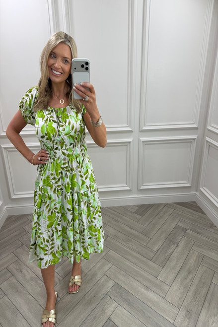 Green  Lucia Floral Shirred Midi Dress