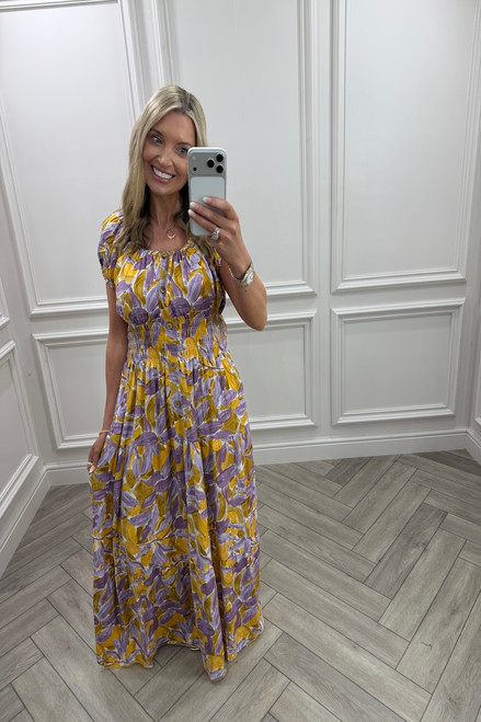 Yellow & purple Celia Shirred Maxi Dress