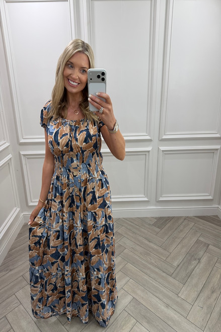 Navy & Tan Celia Shirred Maxi Dress