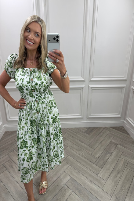 Green Sadie Floral Shirred Midi Dress