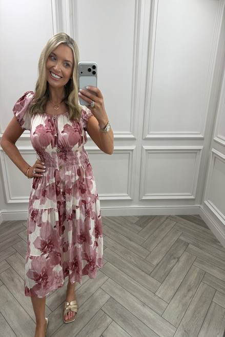 Pink Olive Shirred Midi Dress