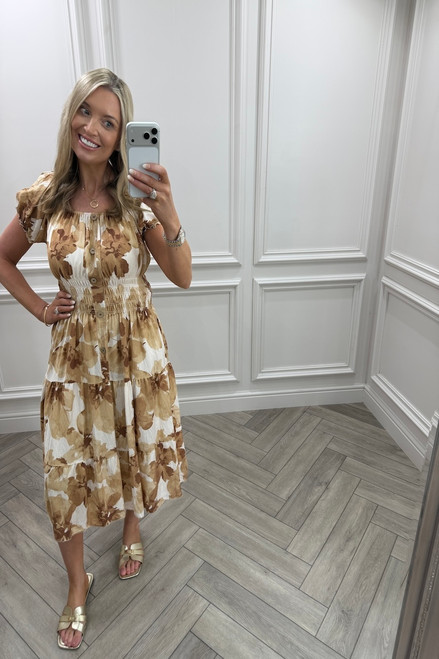 Beige  Olive Shirred Midi Dress