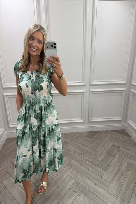 Green  Olive Shirred Midi Dress