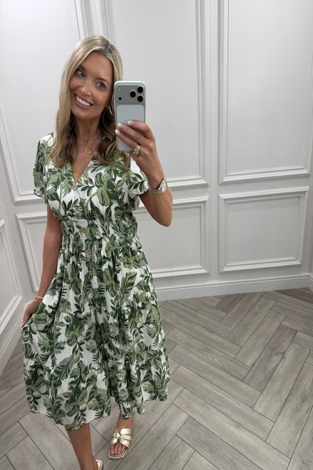 Hannah Khaki  Shirred Midi Dress