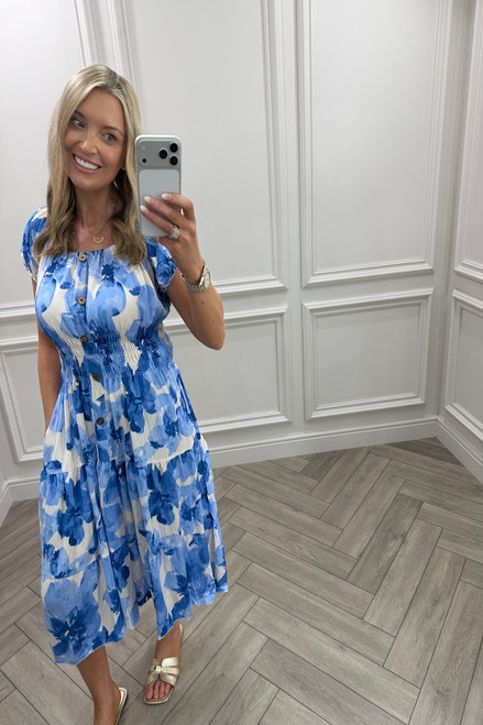 Blue Olive Shirred Midi Dress