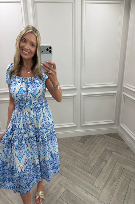 Blue Yasmin Floral Shirred Dress