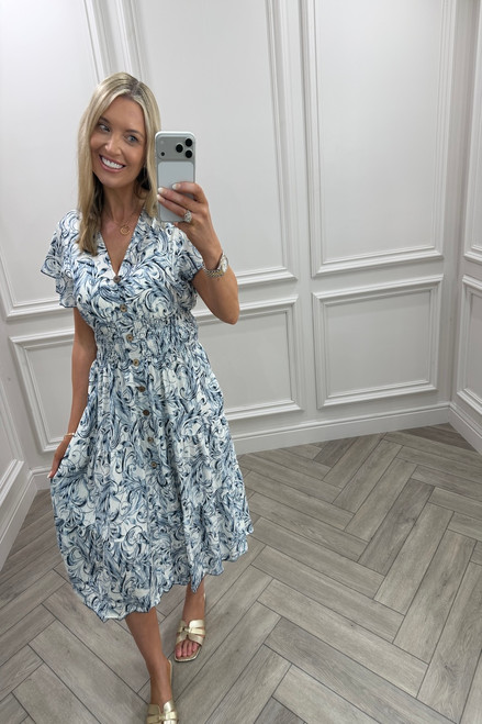 Navy Juniper Shirred Dress