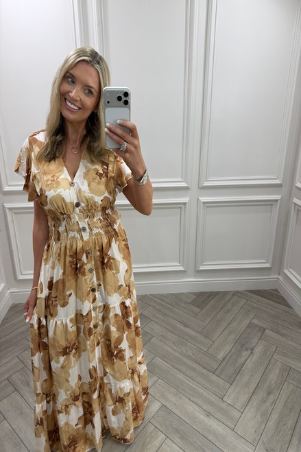 Tan Poppy Shirred Maxi Dress