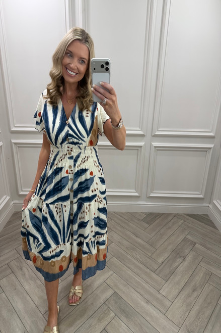 Navy & Tan Sunkissed Shirred Midi Dress