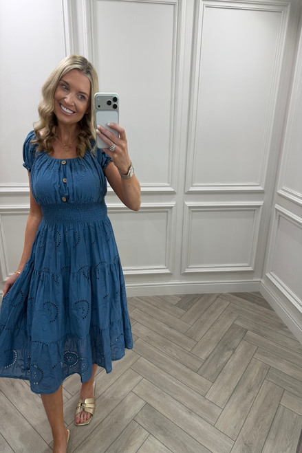 Denim Blue Muse Broderie Shirred Midi Dress