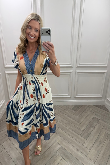 Navy Freya Shirred Midi Dress