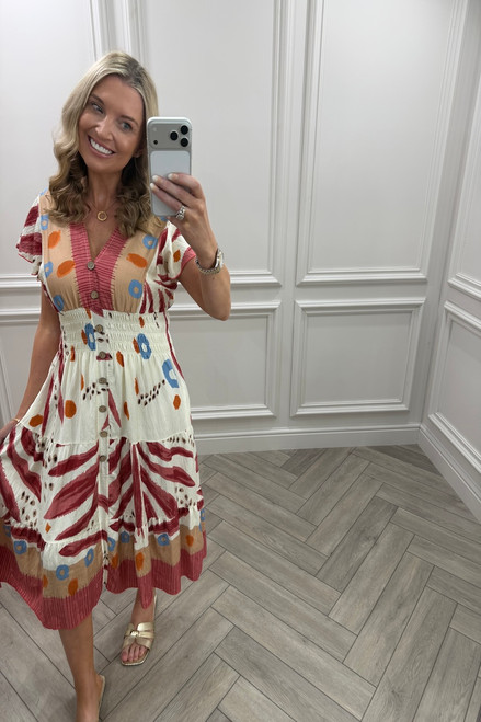 Red Freya Shirred Midi Dress