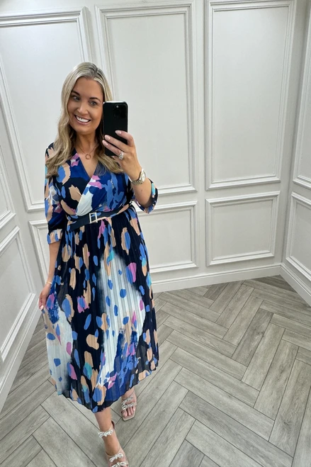 Navy Fawn Leopard Pleated Midi Dress.