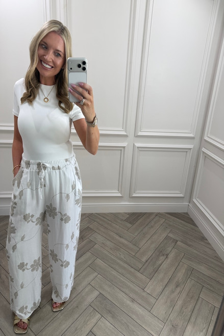 White Floral Vine Wide-Leg Trousers