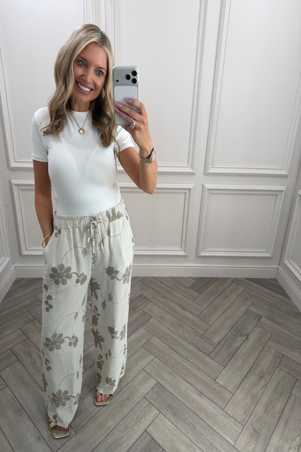 Beige Floral Vine Wide-Leg Trousers