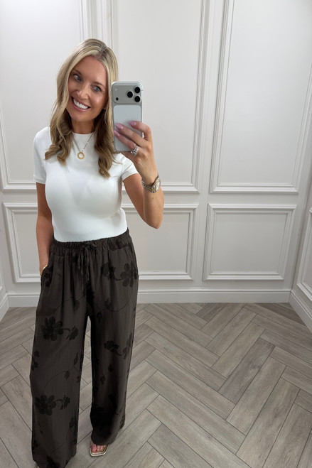 Brown Floral Vine Wide-Leg Trousers