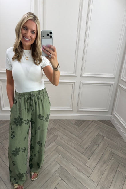 Khaki Floral Vine Wide-Leg Trousers