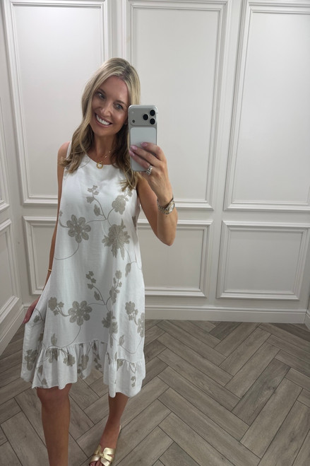 White Floral Vine Frill Hem Dress