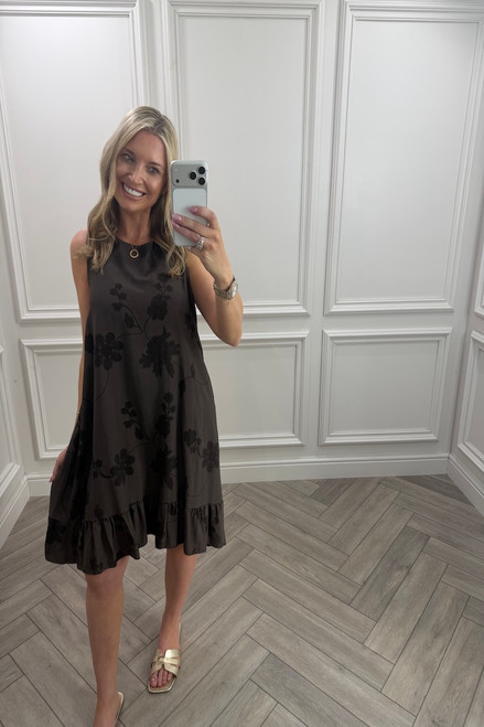 Brown Floral Vine Frill Hem Dress
